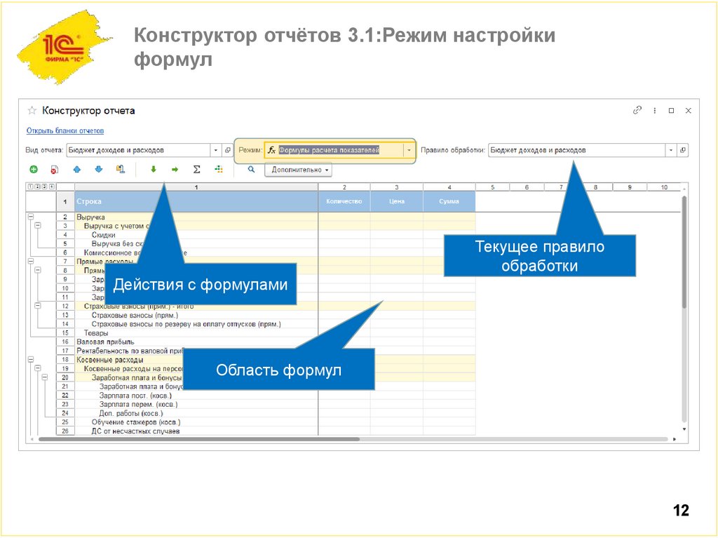 Конструктор отчётов 3.1:Режим настройки формул