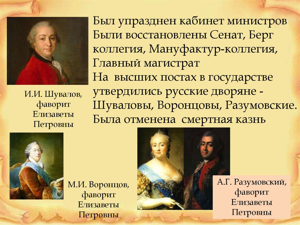 Фавориты елизаветы. Фавориты Елизаветы Петровны. Кабинет министров 1725-1762. Фавориты Елизаветы Петровны Шуваловы, Воронцовы, Разумовские. Мануфактур коллегия при Елизавете Петровне.