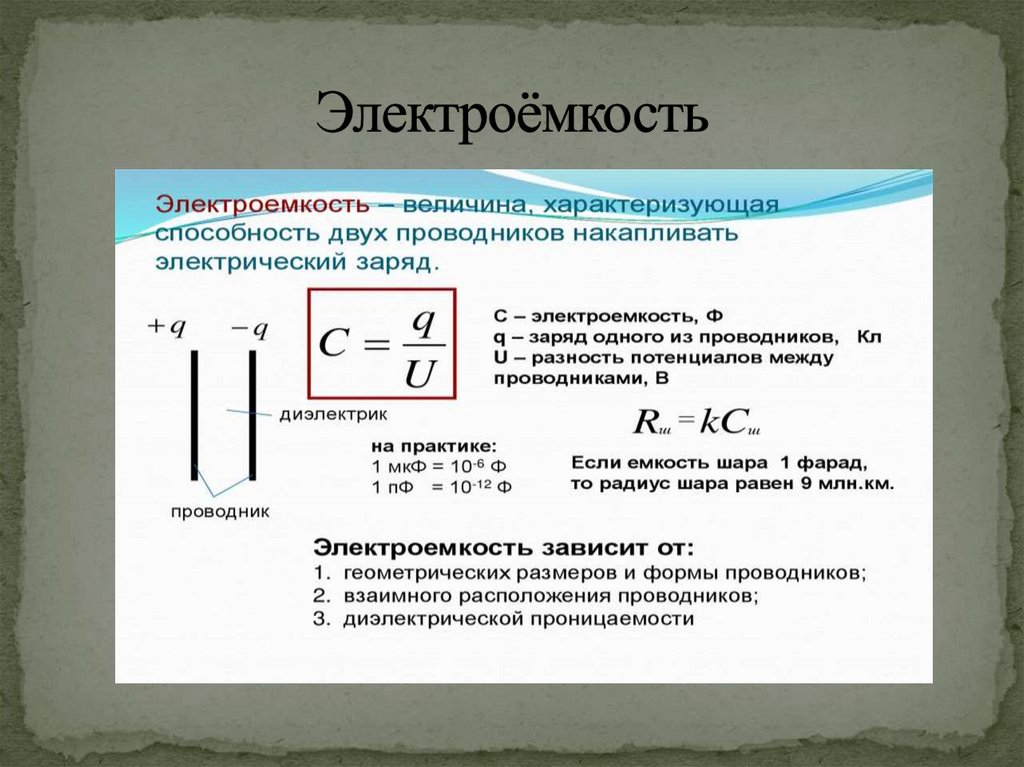 В каких единицах измеряется электроемкость в си. Электрическая ёмкость формула. Электроёмкость единицы электроёмкости конденсатор. Электроемкость конденсаторы физика 10 класс. Электрическая емкость проводника формула.