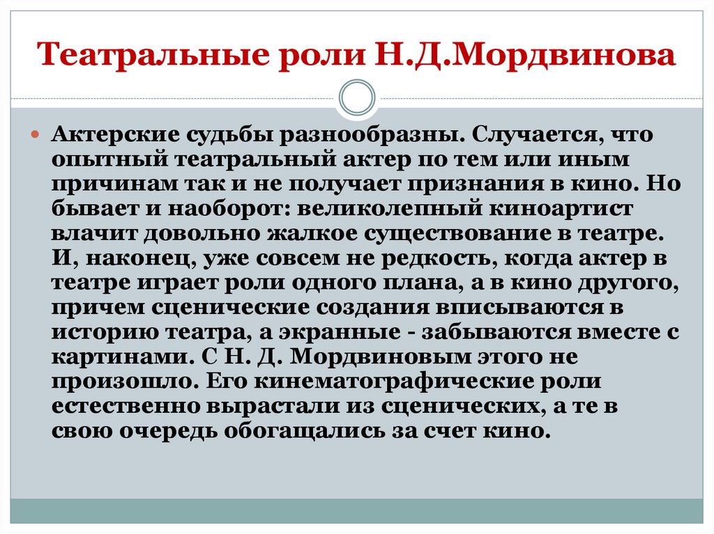 Театральные роли Н.Д.Мордвинова