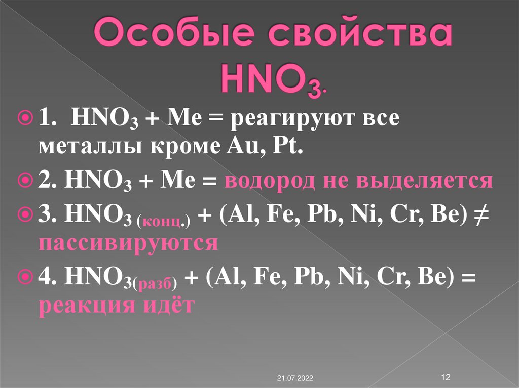 Особые свойства HNO3.
