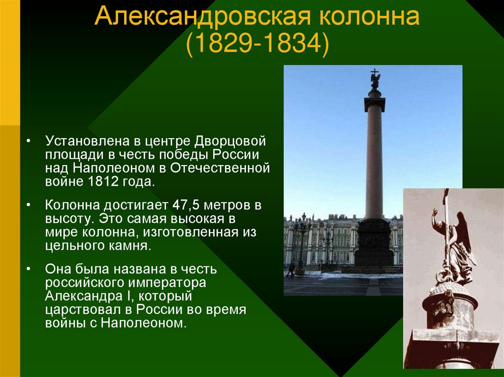 Названа александровской честь. Александровская колонна 1834. Александровская колонна установлена в честь. Памятник Победы над Наполеоном. Памятник в честь Победы над Наполеоном.