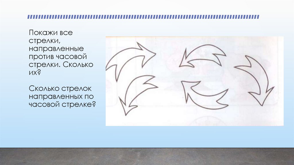 Покажи все стрелки, направленные против часовой стрелки. Сколько их? Сколько стрелок направленных по часовой стрелке?