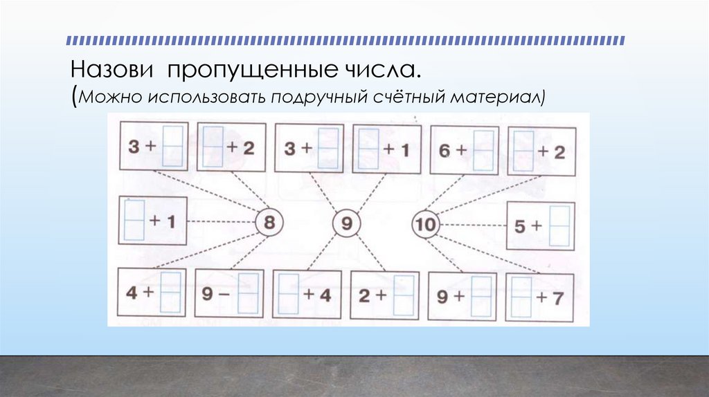 Назови пропущенные числа. (Можно использовать подручный счётный материал)