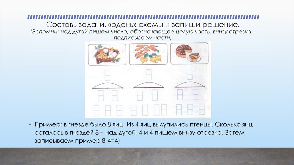 Составь задачи, «одень» схемы и запиши решение. (Вспомни: над дугой пишем число, обозначающее целую часть, внизу отрезка –