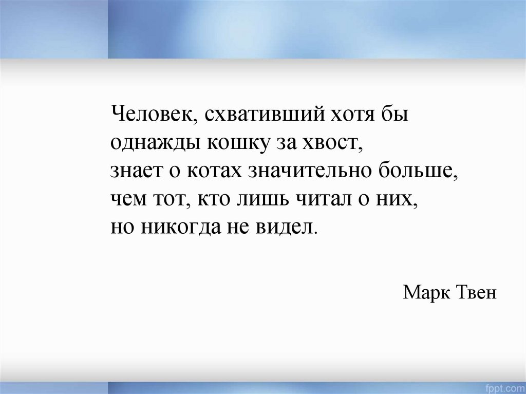 Человек, схвативший хотя бы однажды кошку за хвост, знает о котах значительно больше, чем тот, кто лишь читал о них, но никогда