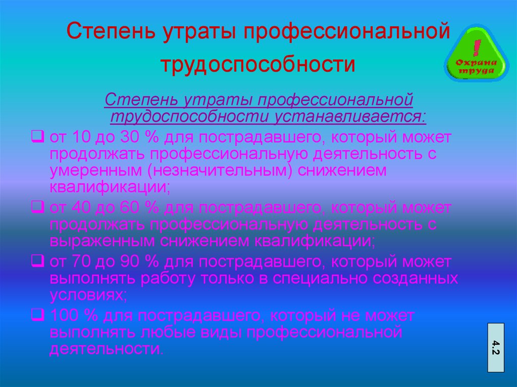 Степень утраты трудоспособности в процентах. Степени утраты трудоспособности. Степень утраты профессиональной трудоспособности устанавливается в. Процент потери трудоспособности. Степень утраты трудоспособности в процентах определяет.