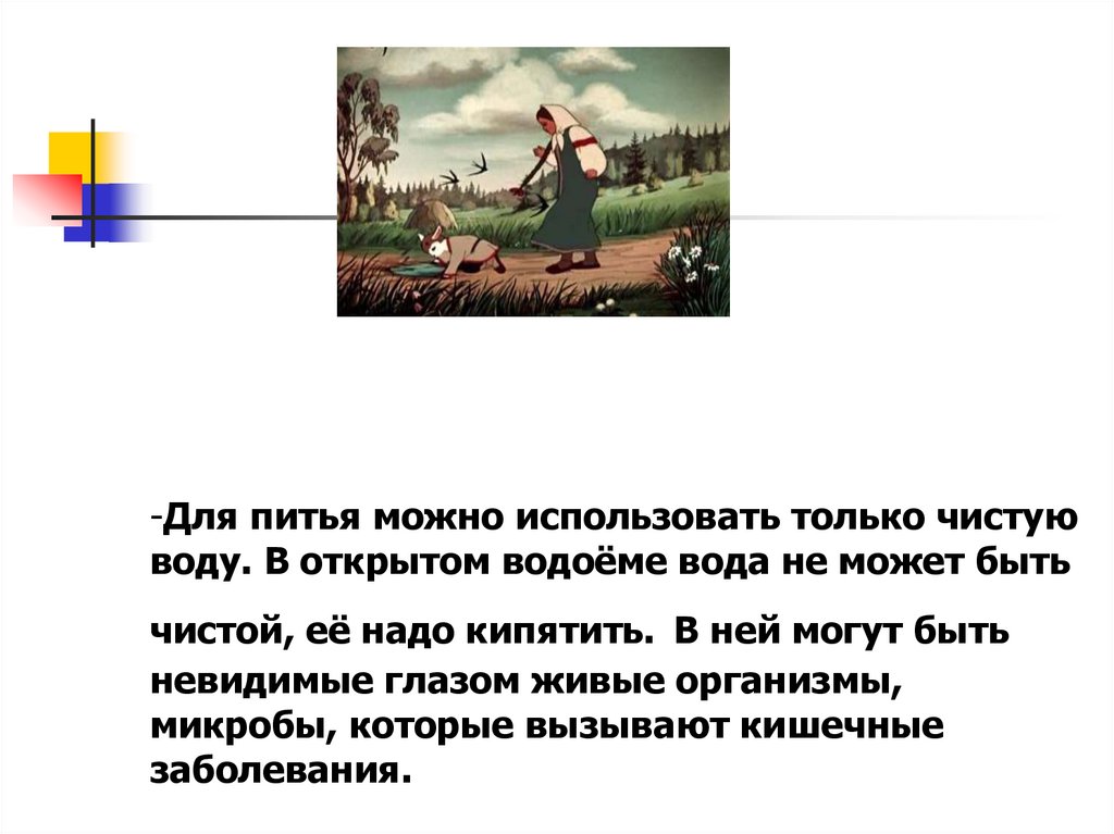 Для питья можно использовать только чистую воду. В открытом водоёме вода не может быть чистой, её надо кипятить. В ней могут