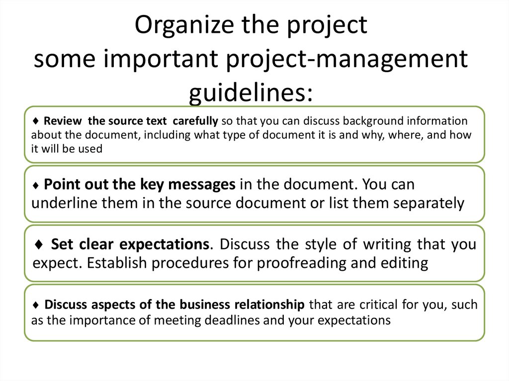 Organize the project some important project-management guidelines: