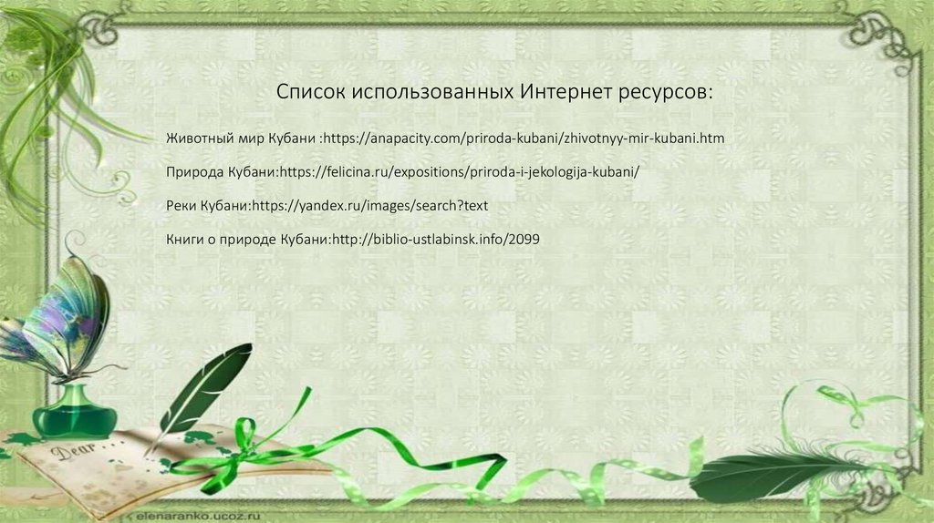 Список использованных Интернет ресурсов: Животный мир Кубани :https://anapacity.com/priroda-kubani/zhivotnyy-mir-kubani.htm