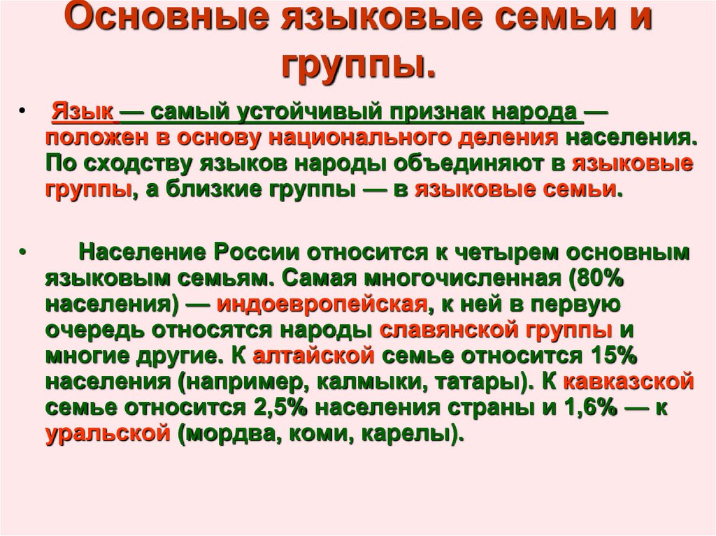 Признаки народа. Языковые семьи. Языковая группа. Языковые семьи и группы. Основные семьи языков.