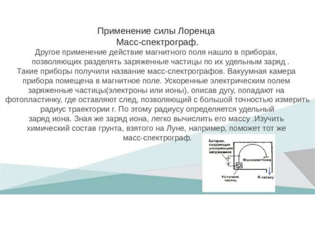 Принцип массе. Масс-спектрограф принцип действия. Масс спектрограф сила Лоренца. Применение силы Лоренца. Масс-спектрограф схема.