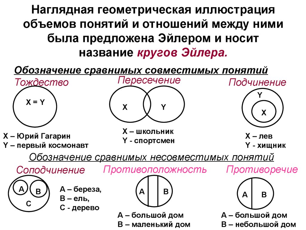 Наглядная геометрическая иллюстрация объемов понятий и отношений между ними была предложена Эйлером и носит название кругов