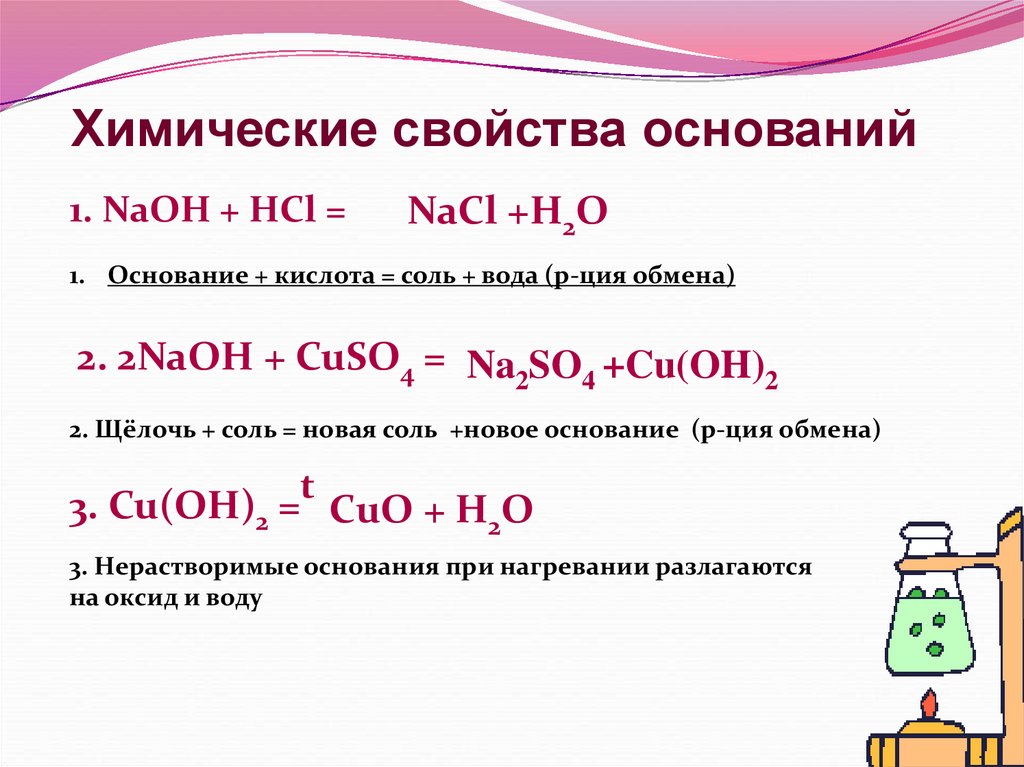 Реакции оснований 8 класс химия. Химические свойства оснований взаимодействие с солями. Химические свойства оснований уравнения реакций. Химические свойства основания формула пример. Химические свойства оснований таблица 11 класс.