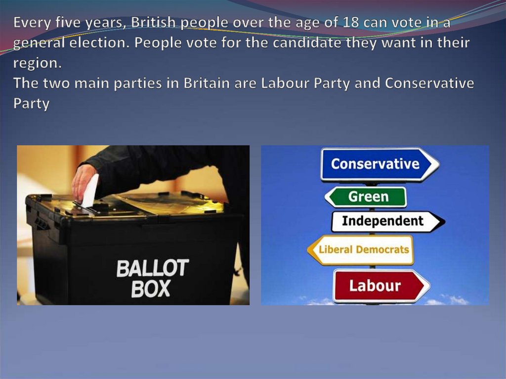 Every five years, British people over the age of 18 can vote in a general election. People vote for the candidate they want in