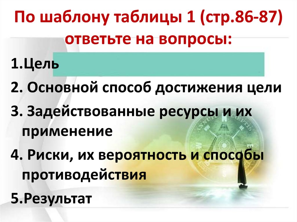 По шаблону таблицы 1 (стр.86-87) ответьте на вопросы: