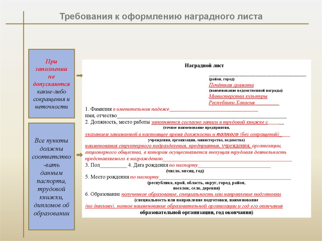 Наградной лист образец заполнения характеристики