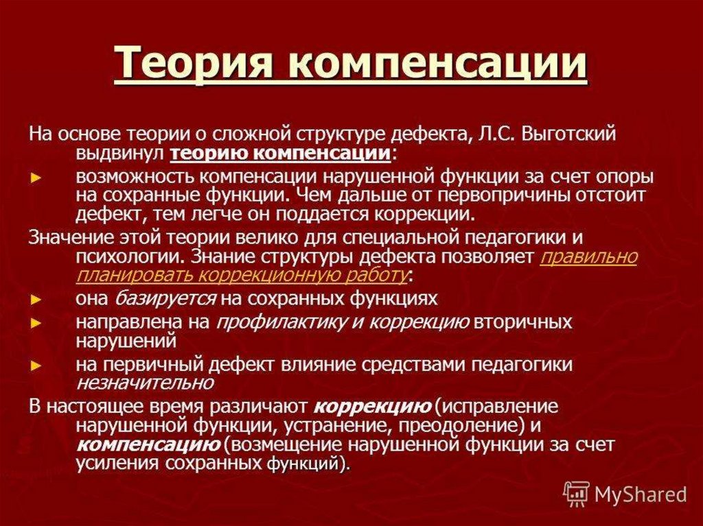 Вопросы компенсации. Теория компенсации. Теория л.с. Выготского о дефекте и компенсации.. Компенсация дефекта. Теория компенсации психических функций.