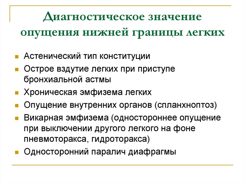 Значение легких. Нижняя граница лёгких опущена при. Нижние границы легких при бронхиальной астме. Нижние границы легких при эмфиземе. Причины опущения нижней границы легкого.