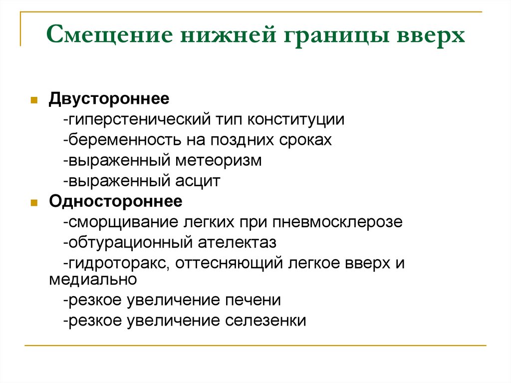 Нижняя граница. Причины смещения нижних границ легких. Причины смещения границ легких. Смещение нижних границ легких вверх. Причины смещения нижних границ легких вверх.