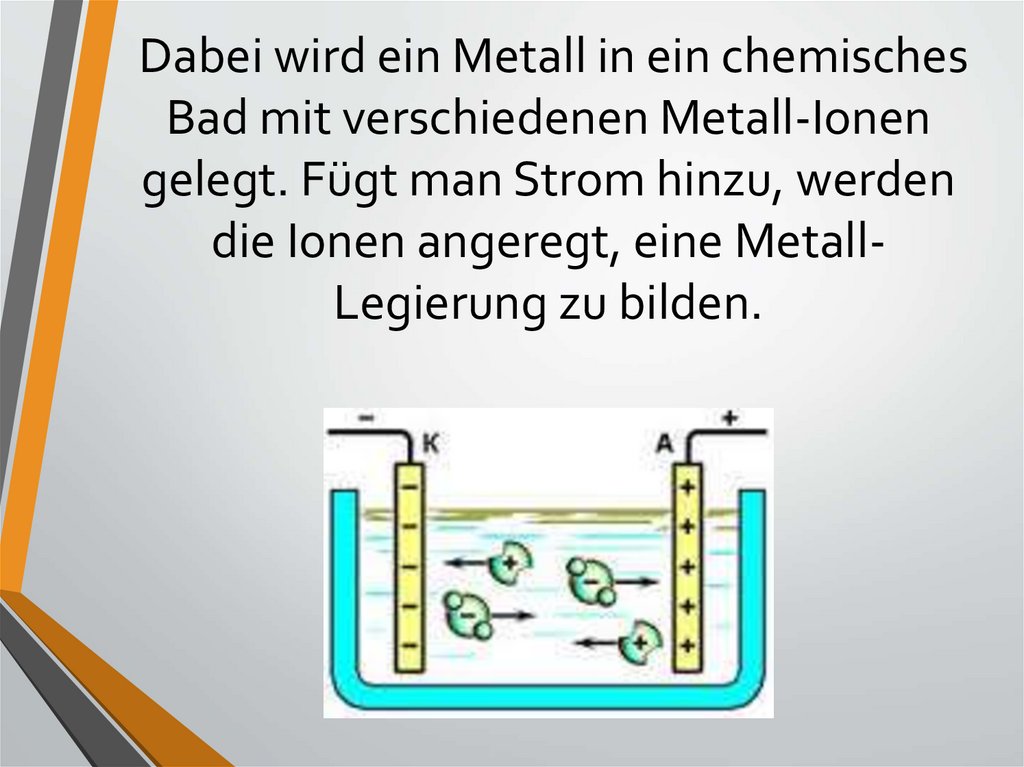 Dabei wird ein Metall in ein chemisches Bad mit verschiedenen Metall-Ionen gelegt. Fügt man Strom hinzu, werden die Ionen