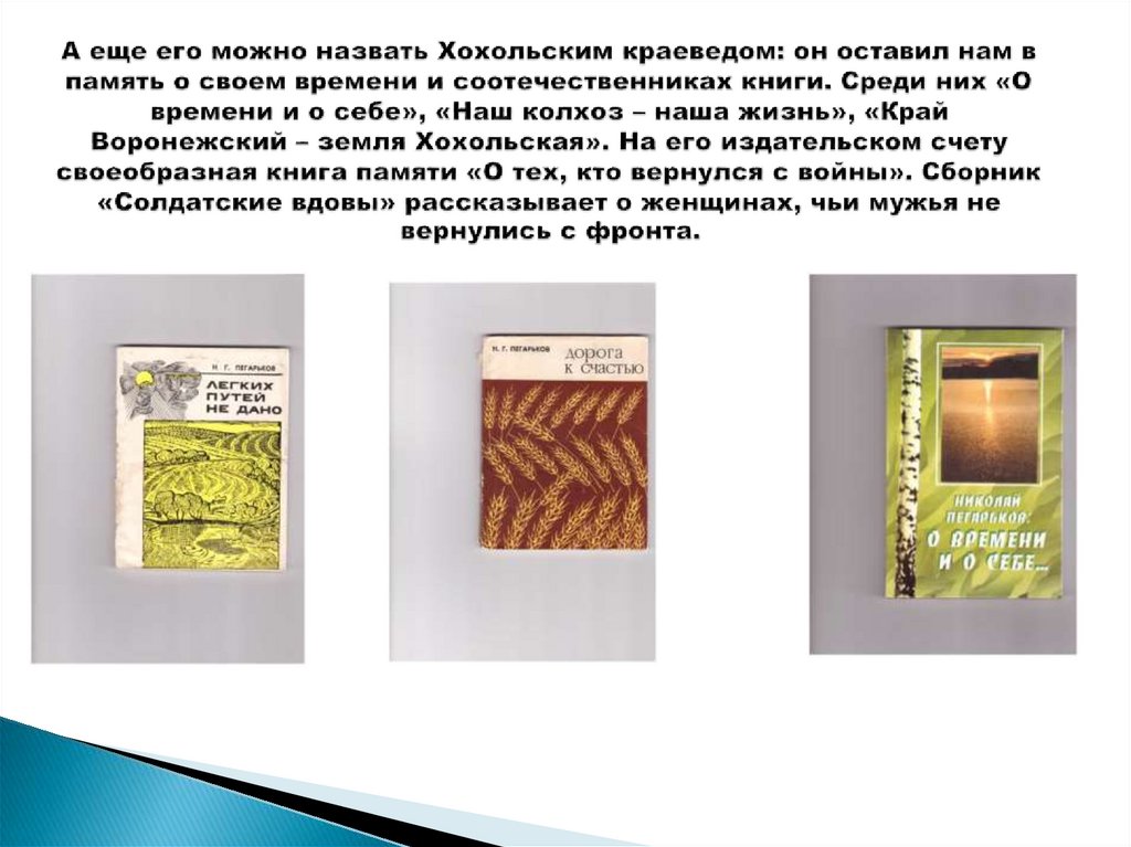 А еще его можно назвать Хохольским краеведом: он оставил нам в память о своем времени и соотечественниках книги. Среди них «О