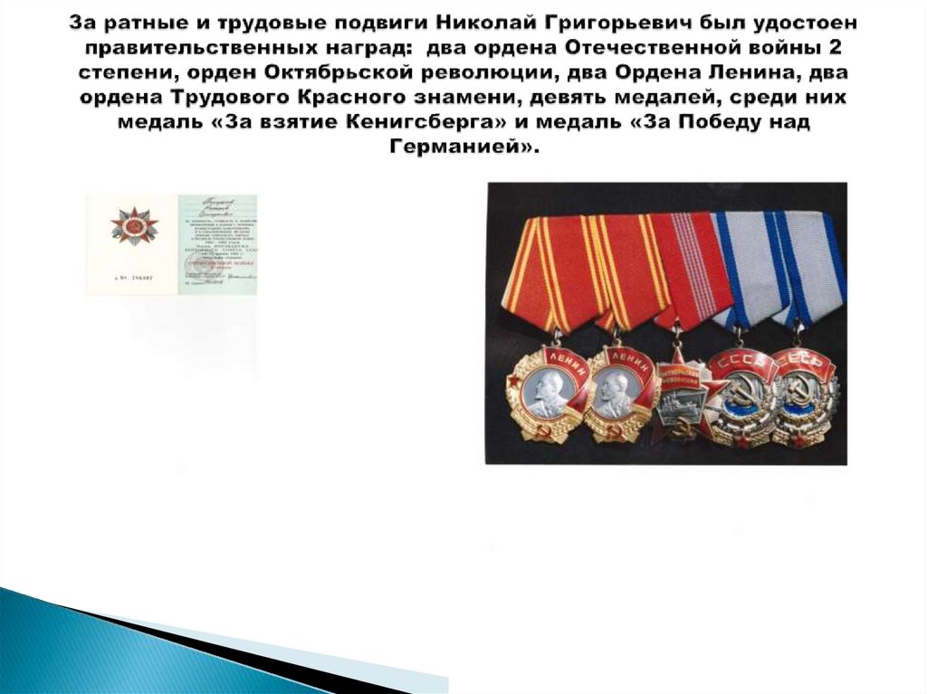 За ратные и трудовые подвиги Николай Григорьевич был удостоен правительственных наград: два ордена Отечественной войны 2