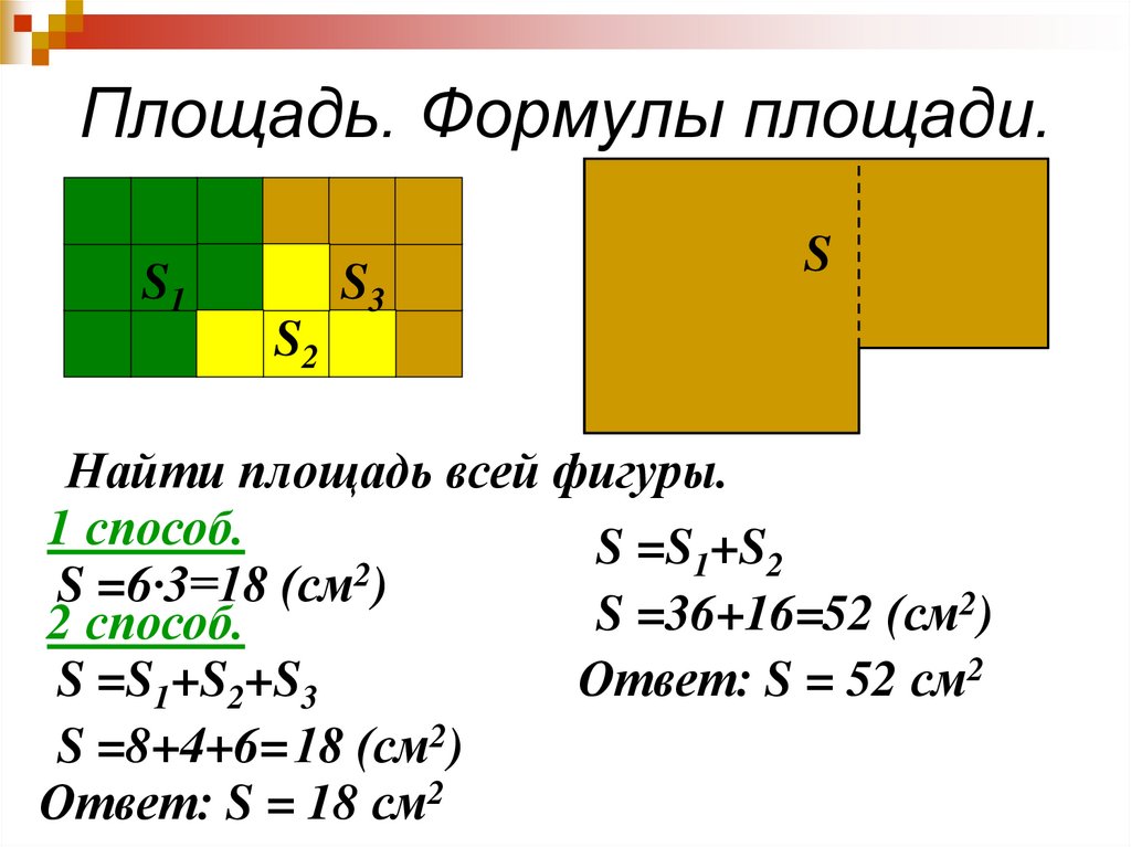 Три формулы площади. Формулы площадей. Площадь формула площади. Формулы площадей 8 класс. Формула площади пример.