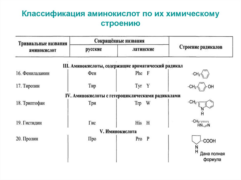 Электрохимическая классификация аминокислот. Классификация аминокислот по химическому строению радикалов.