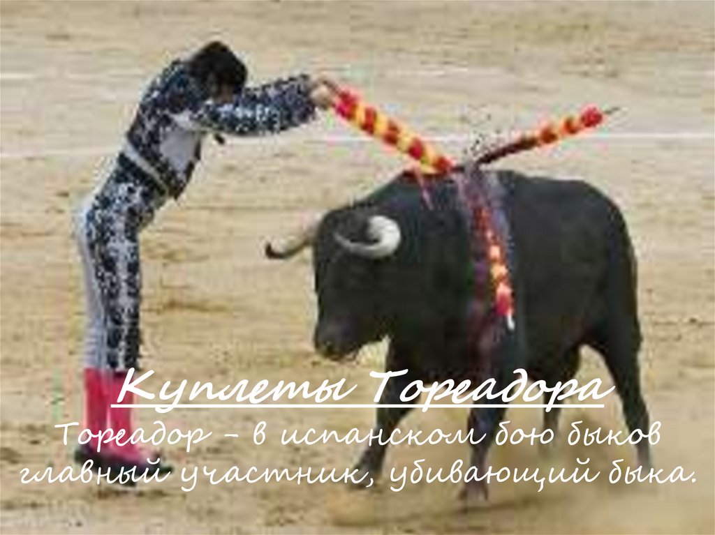 Куплеты Тореадора Тореадор - в испанском бою быков главный участник, убивающий быка.