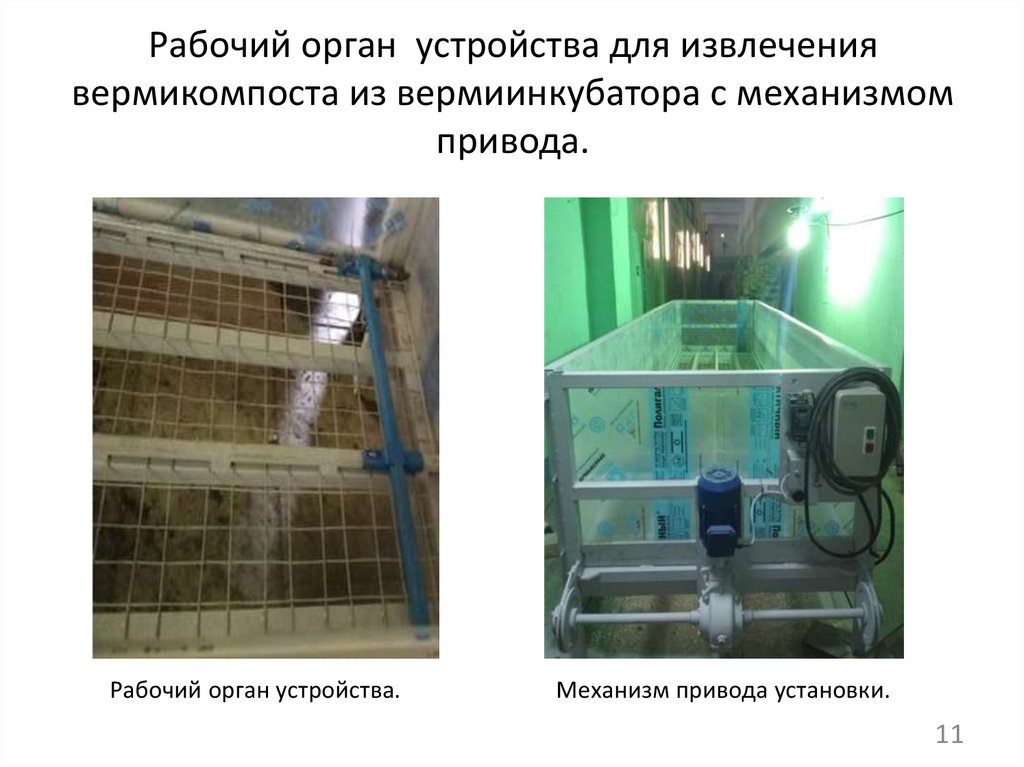 Рабочий орган устройства для извлечения вермикомпоста из вермиинкубатора с механизмом привода.