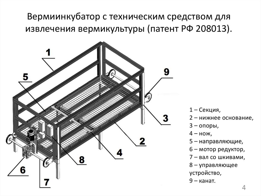 Вермиинкубатор с техническим средством для извлечения вермикультуры (патент РФ 208013).
