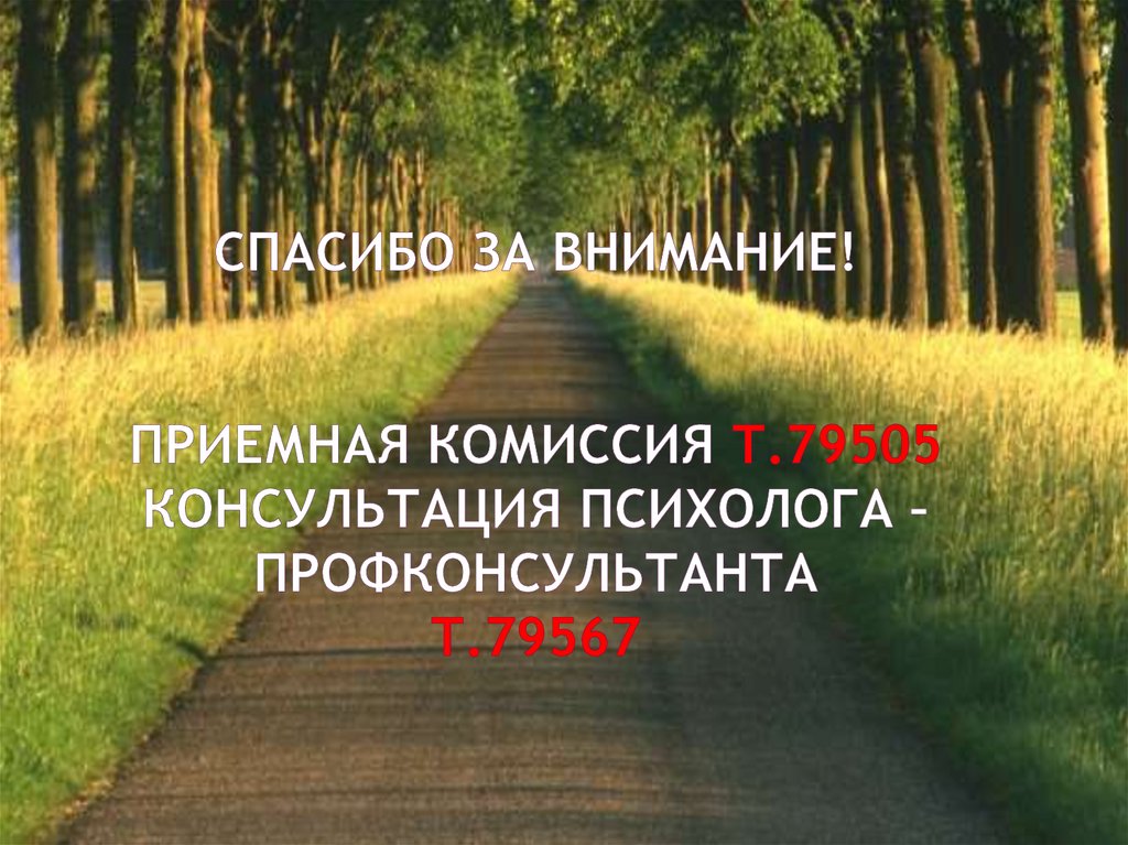 Спасибо за внимание! Приемная комиссия т.79505 Консультация психолога –профконсультанта т.79567