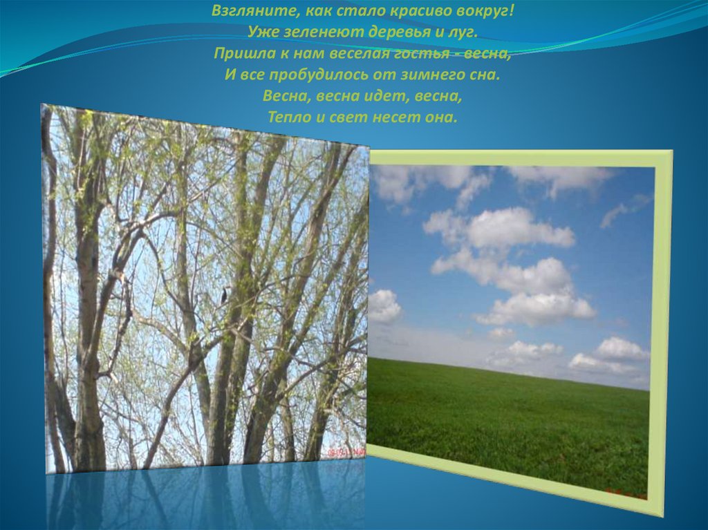 Взгляните, как стало красиво вокруг! Уже зеленеют деревья и луг. Пришла к нам веселая гостья - весна, И все пробудилось от