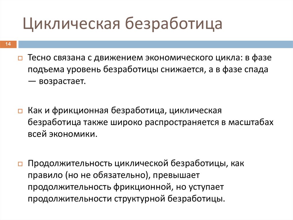 Численность циклических безработных. Издержки циклической безработицы. Длительность циклической безработицы. Методы борьбы с циклической безработицей. Как сократить циклическую безработицу.