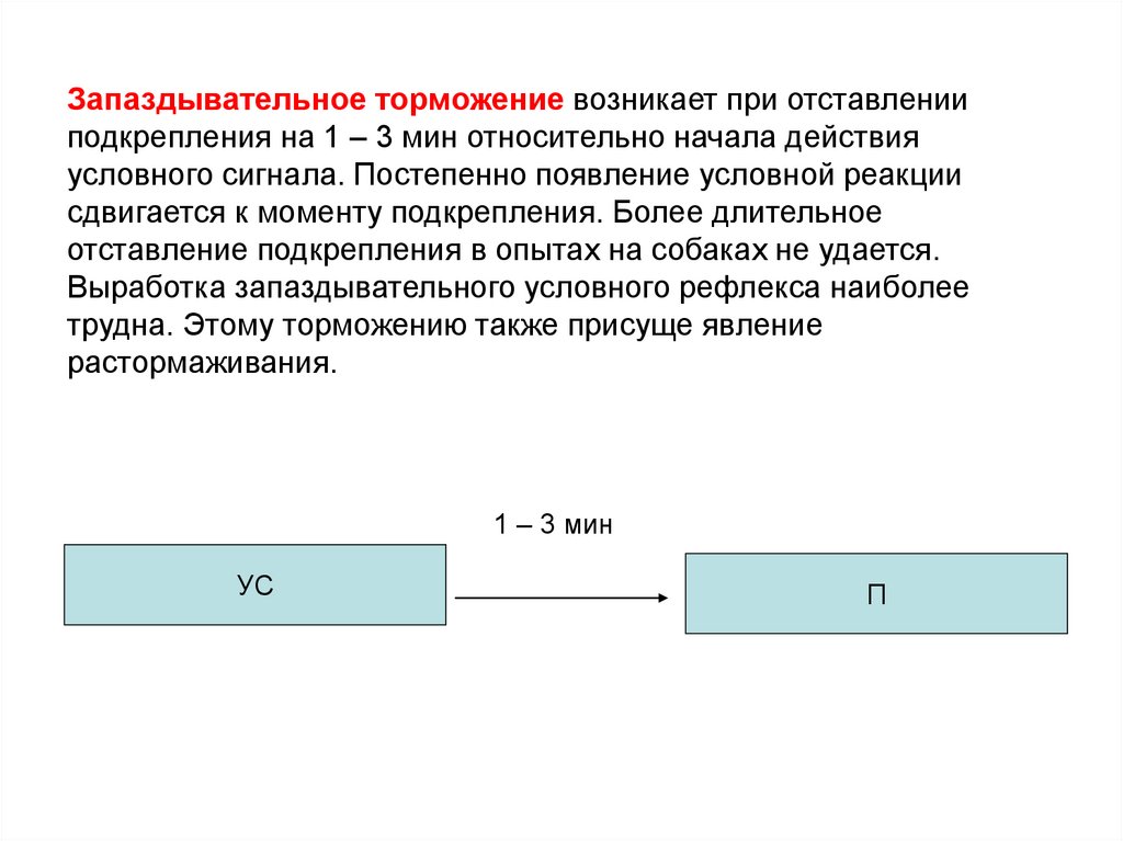 Условная реакция это. Запаздывательное торможение. Запаздывающее торможение примеры. Пример запаздывательного торможения у человека. Пример условного запаздывательного торможения.