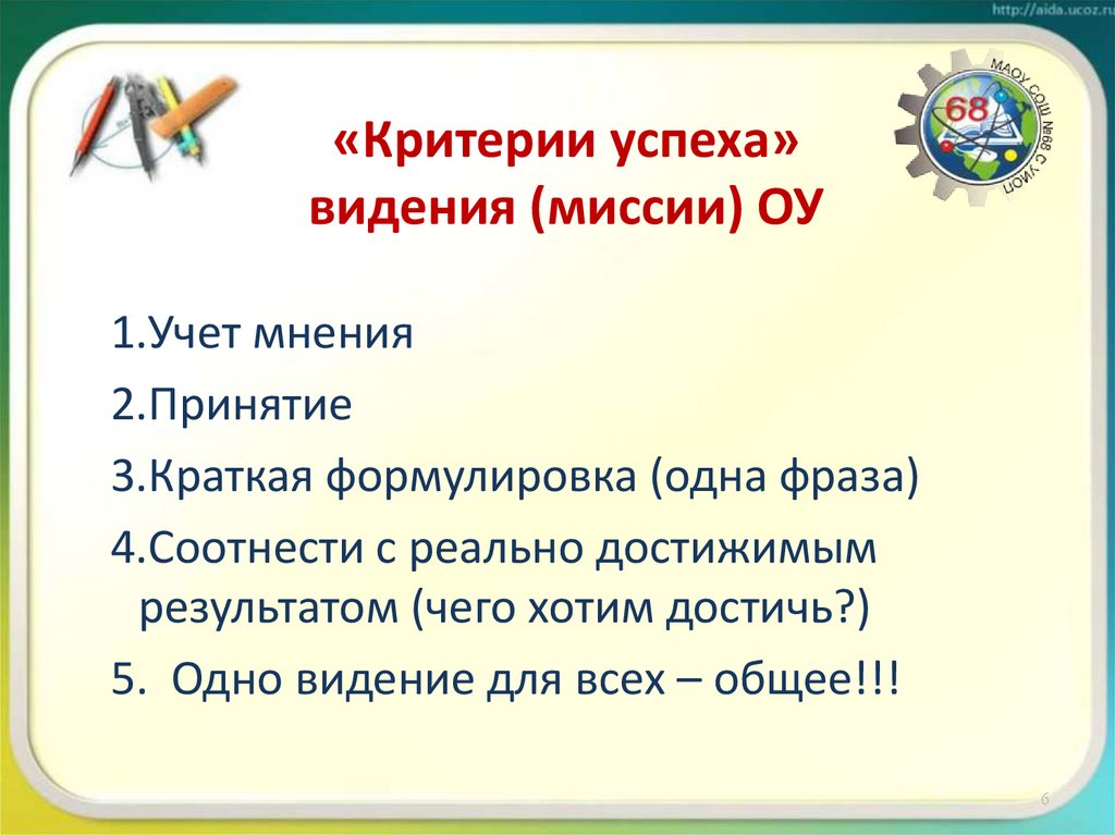 «Критерии успеха» видения (миссии) ОУ