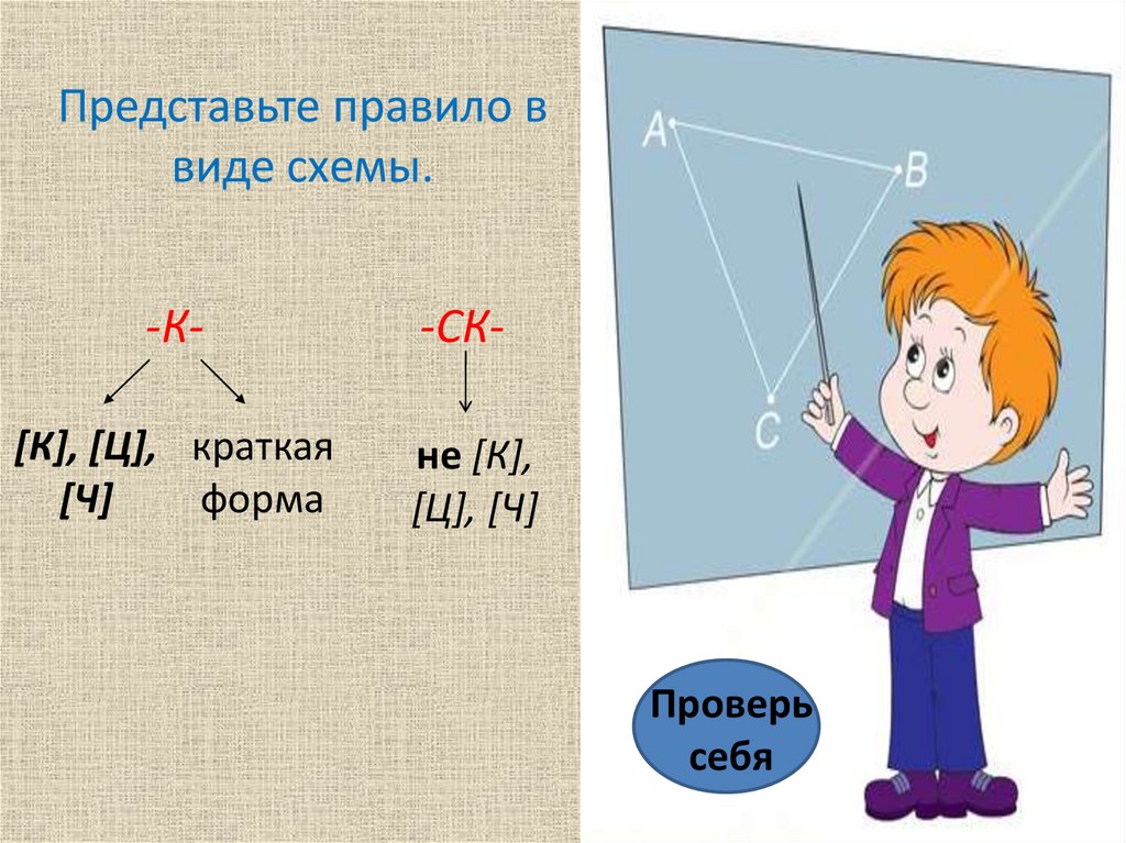 Представить правило. Представлял правило. Тест по теме различение на письме суффиксов прилагательных к и СК. Различение на письме суффиксов прилагательных к и СК.