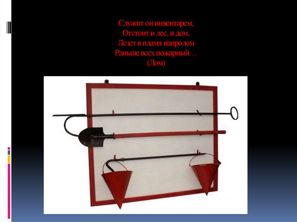 Служит он инвентарем, Отстоит и лес, и дом, Лезет в пламя напролом Раньше всех пожарный… (Лом)