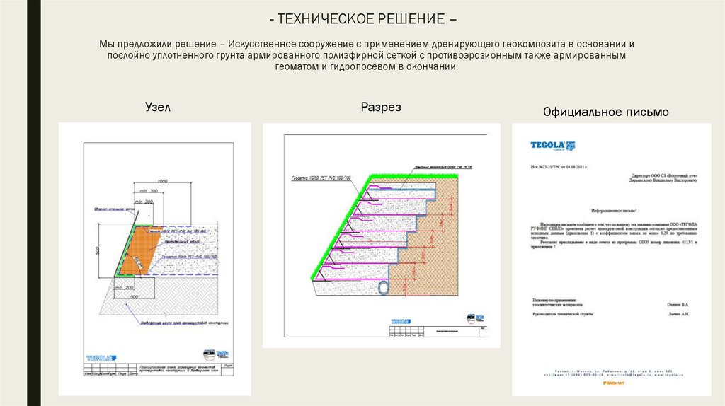 - ТЕХНИЧЕСКОЕ РЕШЕНИЕ –   Мы предложили решение – Искусственное сооружение с применением дренирующего геокомпозита в основании