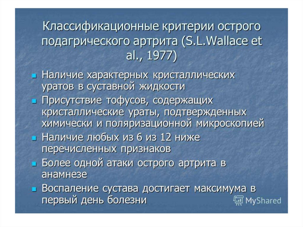 Чем снять острый приступ подагры. Классификационные критерии острого подагрического артрита. Клинические проявления острого подагрического артрита. Для острого подагрического артрита характерно:. Диагностические критерии подагрического артрита.