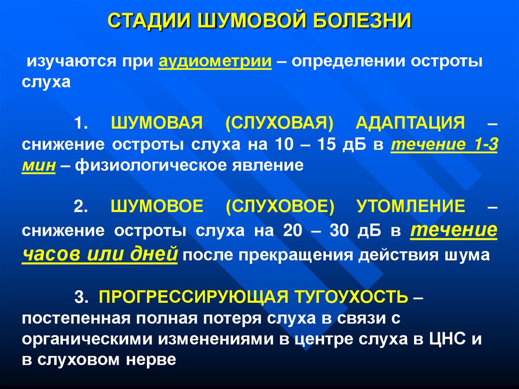 Основные стадии заболевания. Стадии шумовой болезни. Патогенез шумовой болезни. Объективные симптомы шумовой болезни. Клинические проявления шумовой болезни.