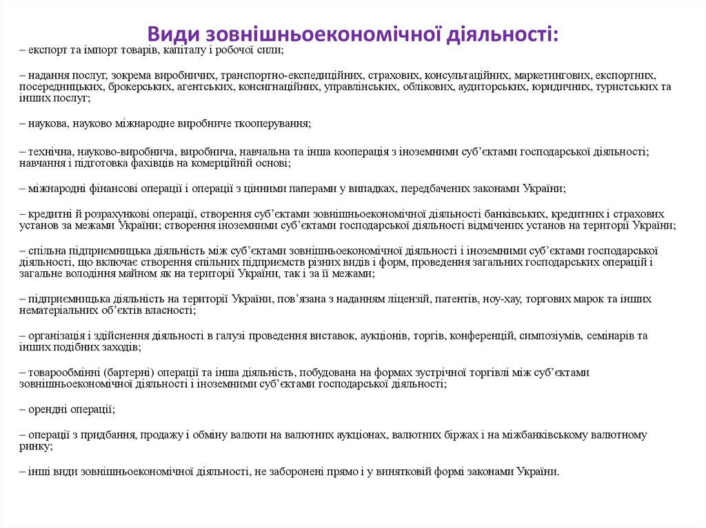 Види зовнішньоекономічної діяльності: