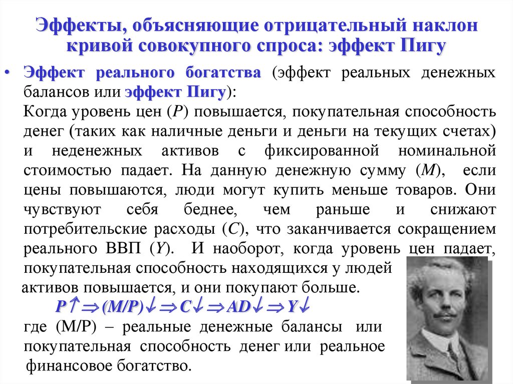 Отрицательный наклон кривой. Эффект реального богатства эффект Пигу. Эффекты объясняющие наклон Кривой совокупного спроса. Отрицательный наклон Кривой совокупного спроса. Объяснение отрицательного наклона Кривой совокупного спроса.