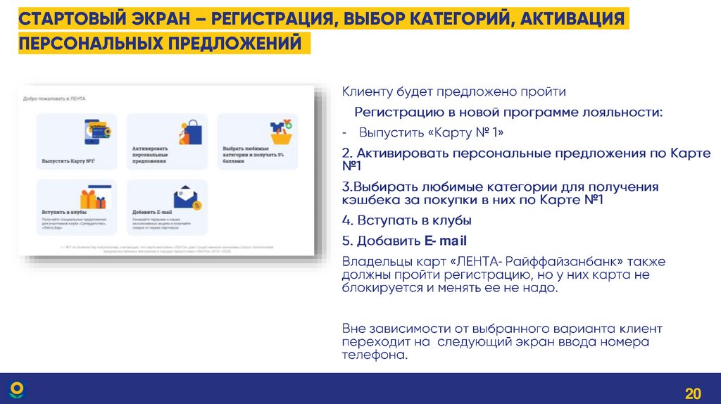 Стартовый экран – регистрация, Выбор КАТЕГОРИЙ, АКТИВАЦИЯ ПЕРСОНАЛЬНЫХ ПРЕДЛОЖЕНИЙ