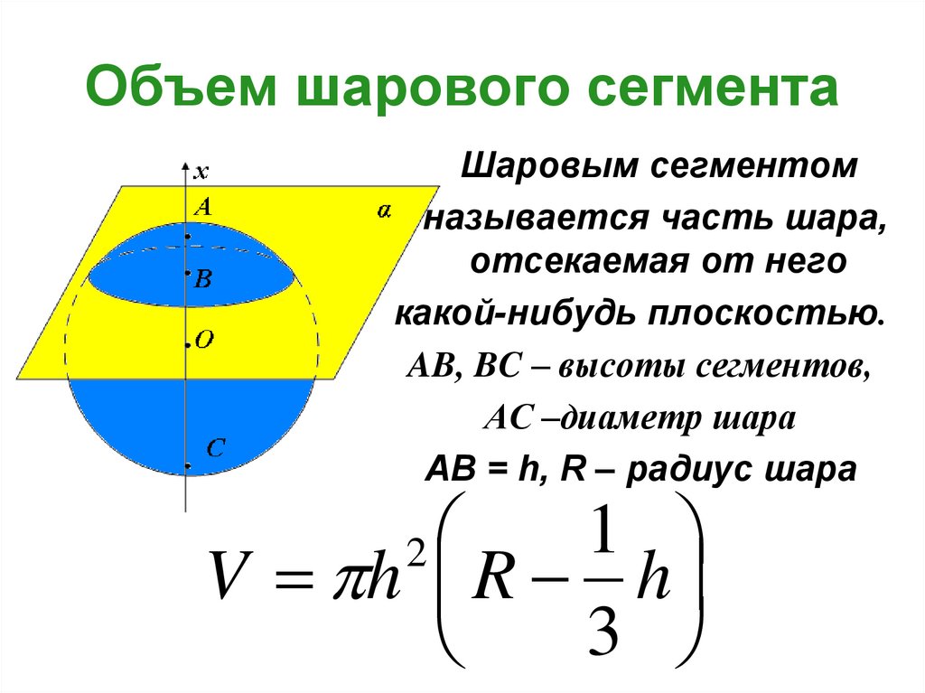 Формула сегмента сферы. Объём сегмента шара формула. Шаровый сегмент формула объема. Формула нахождения сегмента шара. 34 Объём шарового сегмента..
