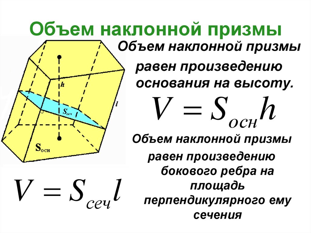 Произведение оснований равно произведению боковых сторон. Наклонная Призма формула объема. Объем наклонной Призмы формула. Объем наклоненной Призмы. Объем наклонной треугольной Призмы через сечение.