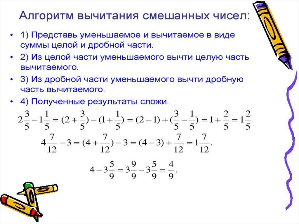 Вычитание чисел. Алгоритм сложения и вычитания смешанных чисел. Математика сложение и вычитание смешанных чисел объяснение темы.