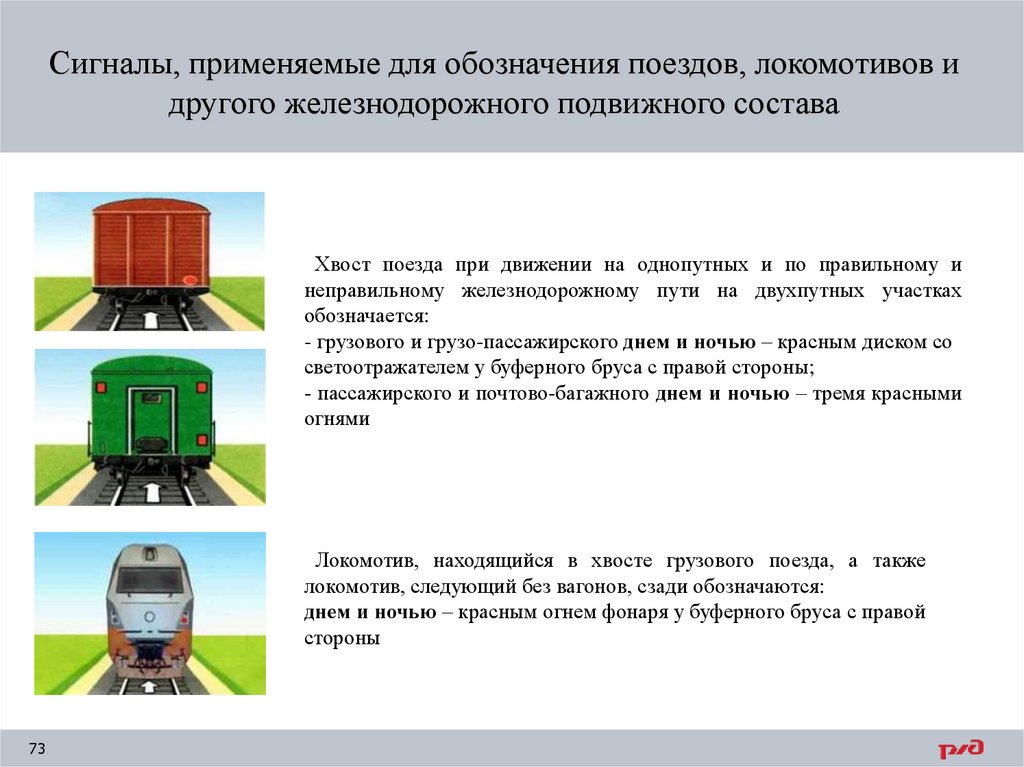 Сигналы, применяемые для обозначения поездов, локомотивов и другого железнодорожного подвижного состава