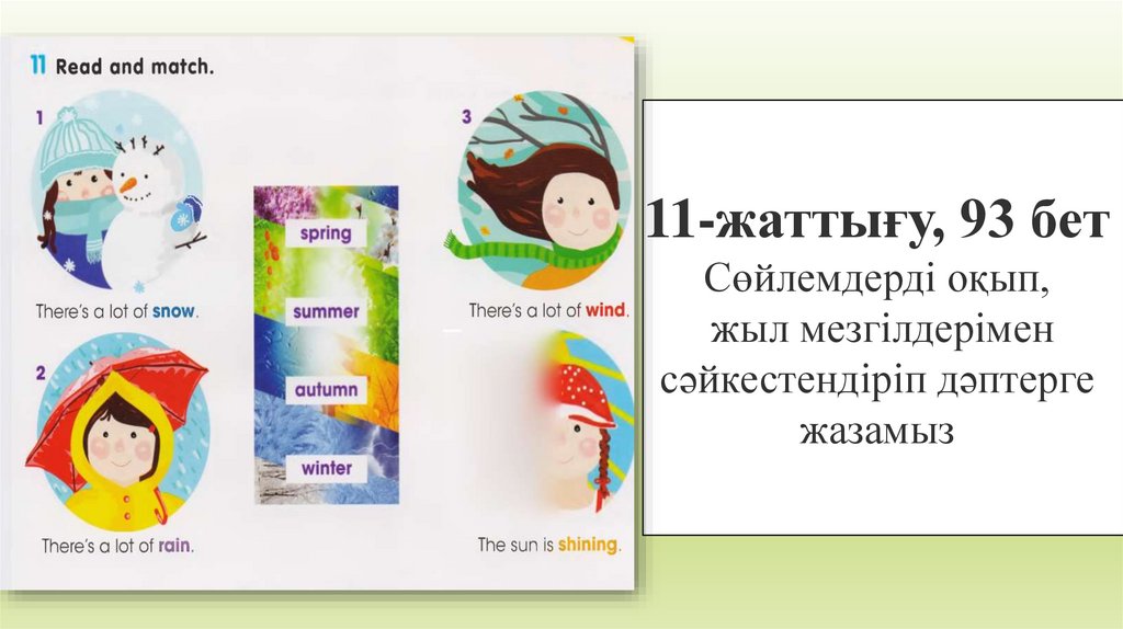 11-жаттығу, 93 бет Сөйлемдерді оқып, жыл мезгілдерімен сәйкестендіріп дәптерге жазамыз